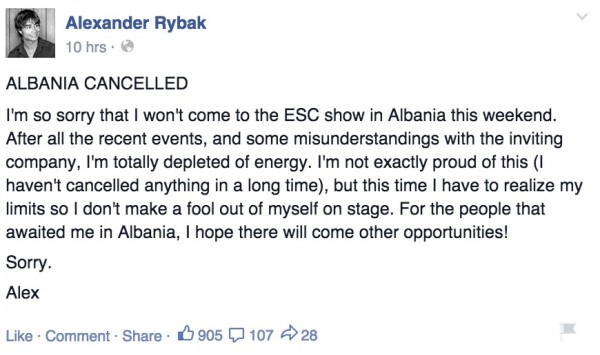Alexander Rybak cancels fik albania