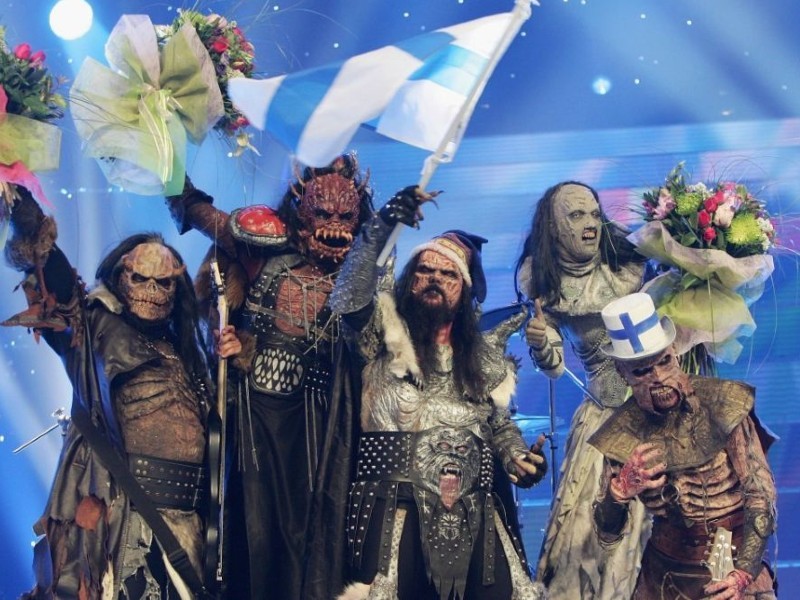 Image displays band Lordi at the Eurovision Song Contest in full prothetic make up and crazy outfits.