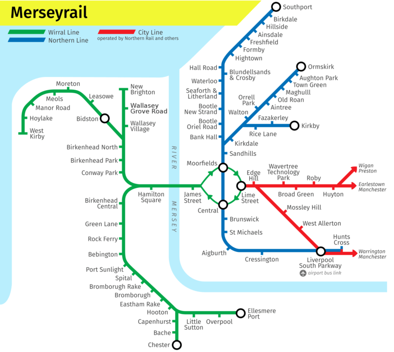 Map of Merseyrail services connecting Liverpool to Lancashire and Cheshire